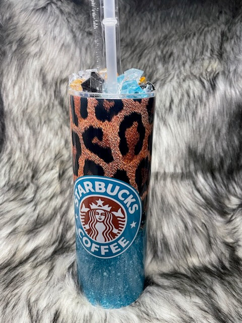 STARBUCKS LEOPARD/TEAL TUMBLER W/CUSTOM TOPPER