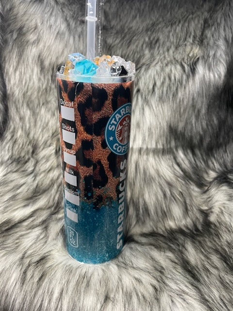 STARBUCKS LEOPARD/TEAL TUMBLER W/CUSTOM TOPPER